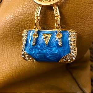 Blue Silver Rhinestones Gold double handled purse charm key chain NWOT